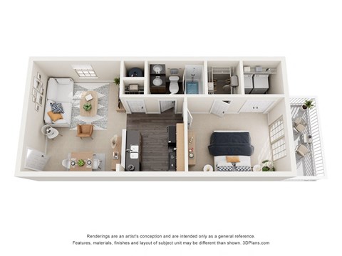 a stylized 3d floor plan with a bedroom and a living room